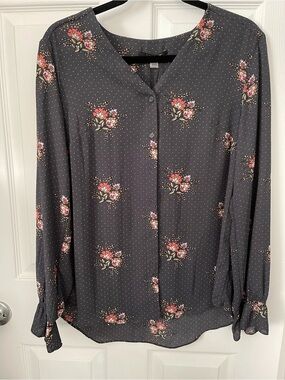 💃 T TAHARI Floral Dot Print Long Sleeve Blouse Women’s Size M